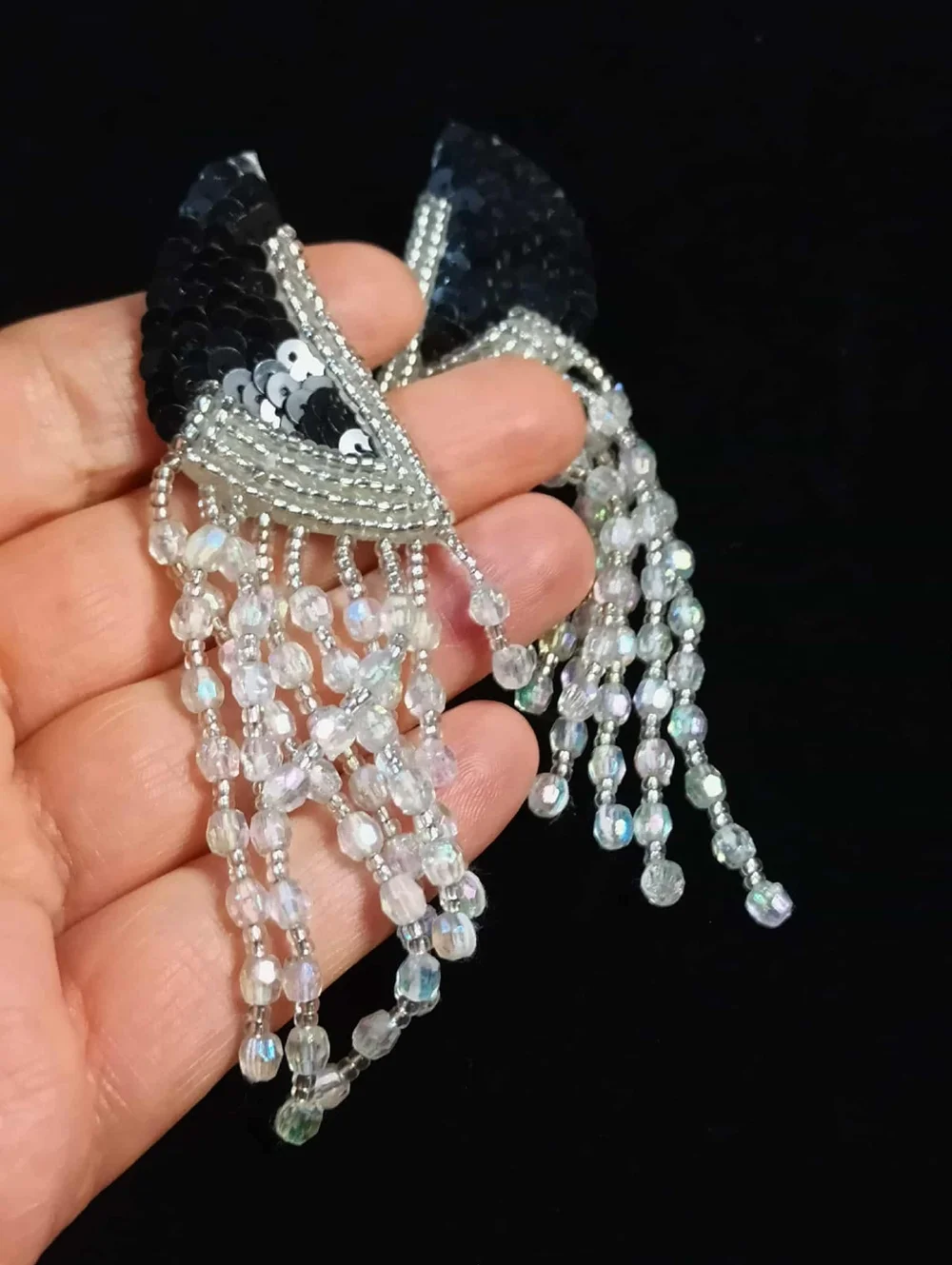 80's Black Sequin Beaded Fringe Earrings Dramatic Dangle Pierced